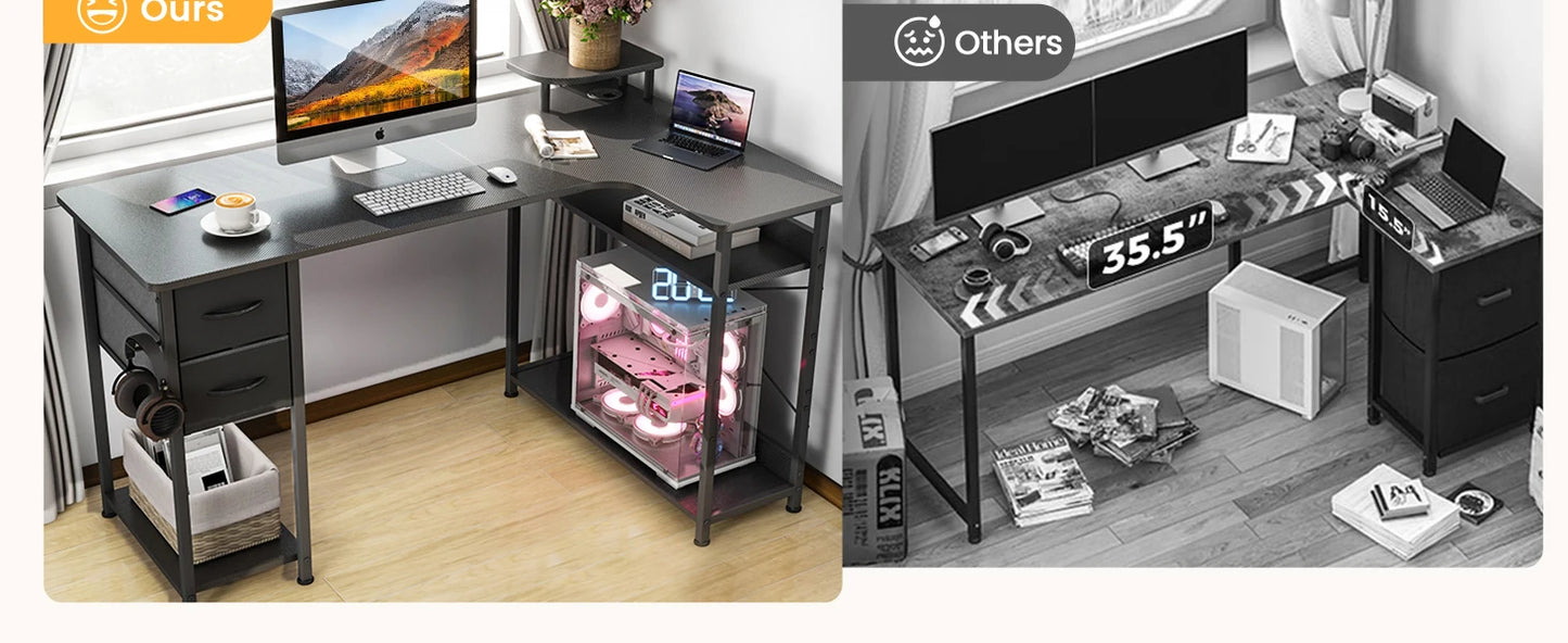 L-Shaped Gaming Desk with Drawers – Carbon Fiber Computer Desk with Monitor Arm for Home Office