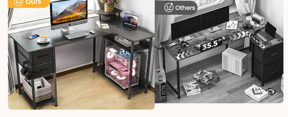 L-Shaped Gaming Desk with Drawers – Carbon Fiber Computer Desk with Monitor Arm for Home Office