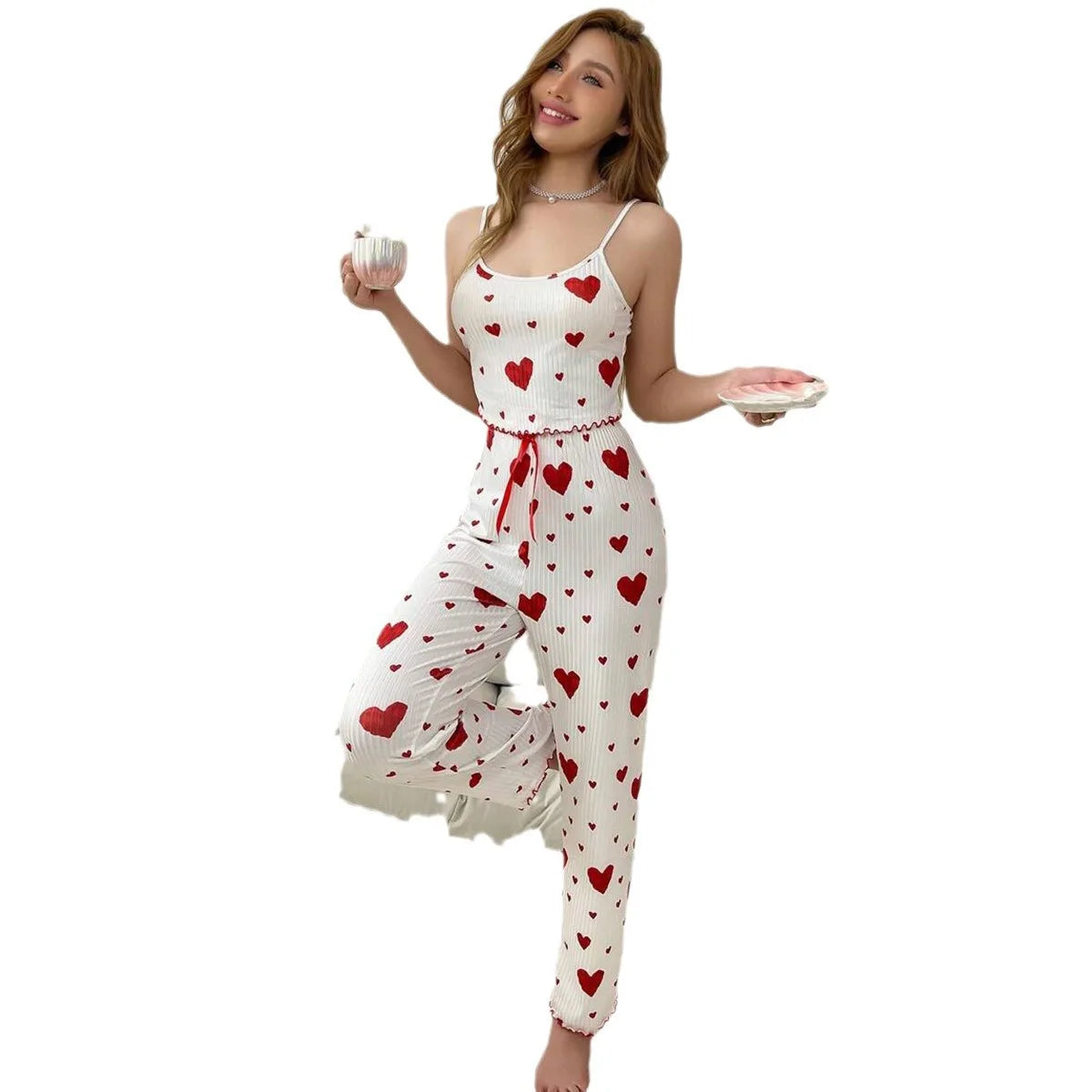 Plus Size Women's Pajama Set – 2-Piece Love Print Short Vest & Trousers, Soft & Breathable Sleepwear