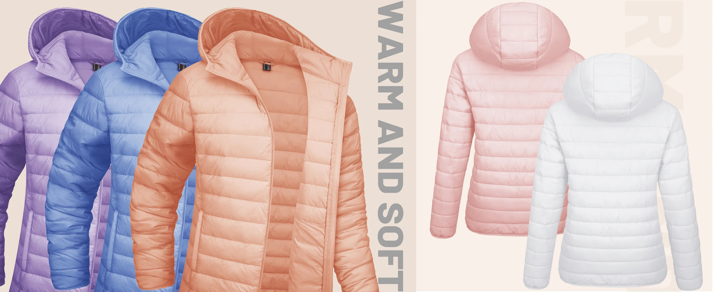 TACVASEN Women's Hooded Puffer Jacket – Full Zip Quilted Winter Coat, Lightweight Windbreaker Outerwear