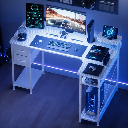 L-Shaped Gaming Desk with Drawers – Carbon Fiber Computer Desk with Monitor Arm for Home Office