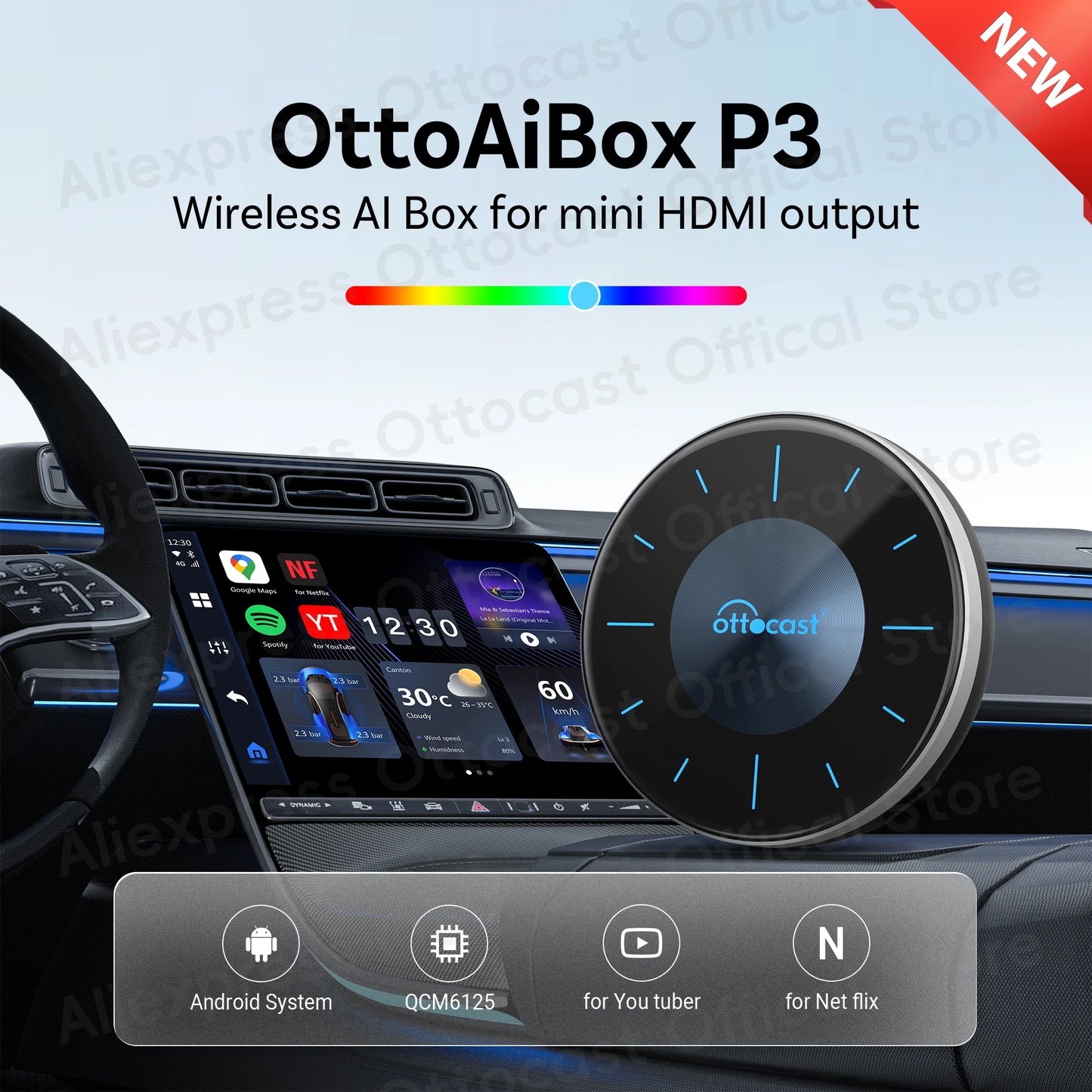 OTTOCAST P3 Android AI Box – Wireless CarPlay & Android Auto with HDMI Output, Built-in GPS, YouTube & Netflix for Car