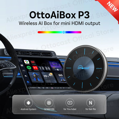 OTTOCAST P3 Android AI Box – Wireless CarPlay & Android Auto with HDMI Output, Built-in GPS, YouTube & Netflix for Car