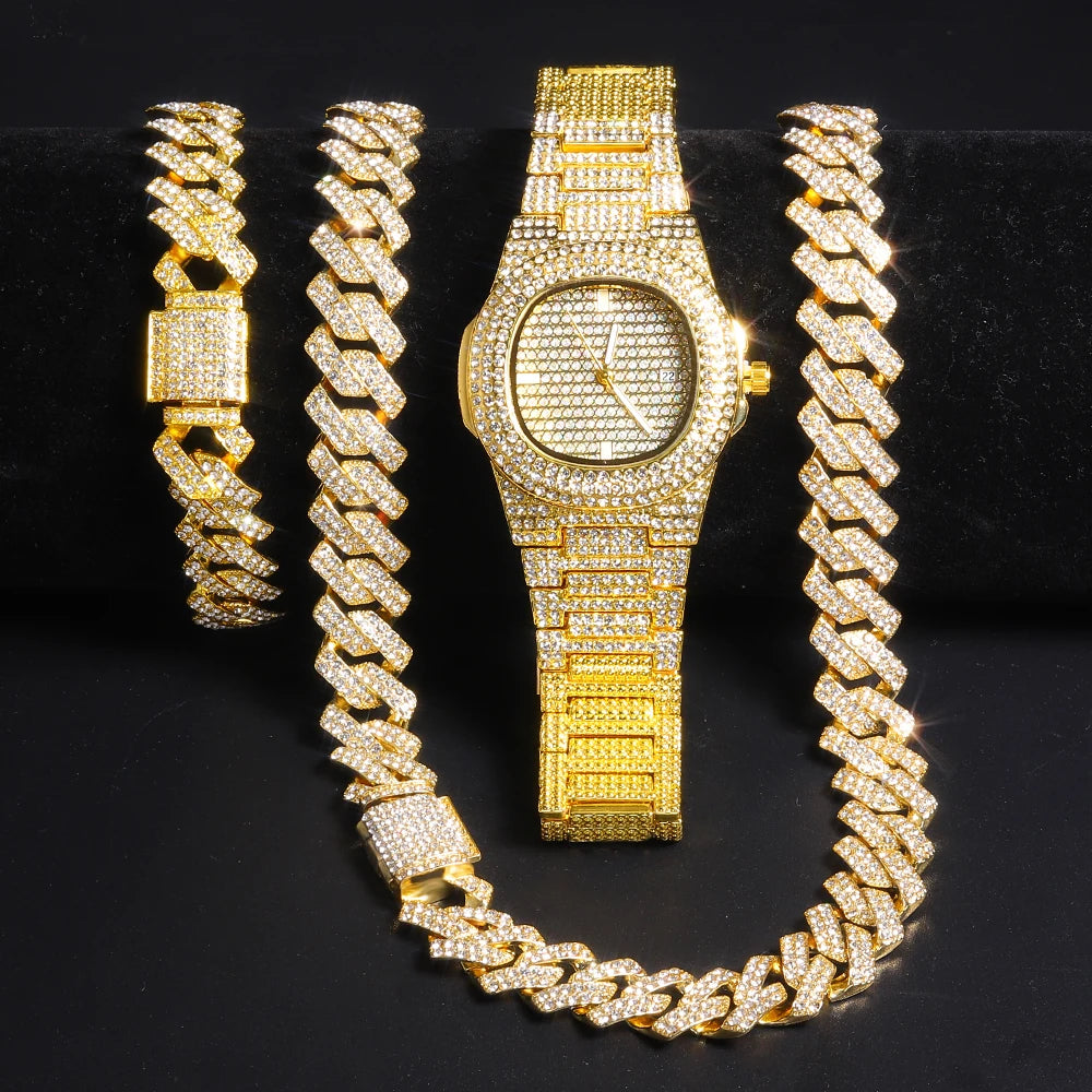 Gold Color Cuban Chain Watch for Men - Hip Hop Miami Curb, Iced Out Rhinestones, Bling Rapper Necklace, Watch & Bracelet Jewelry