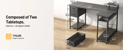 L-Shaped Gaming Desk with Drawers – Carbon Fiber Computer Desk with Monitor Arm for Home Office