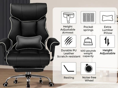 COMHOMA Big & Tall Office Chair – 400lbs High Back Leather Executive Chair with Ergonomic Lumbar Support & Pocket Spring Cushion