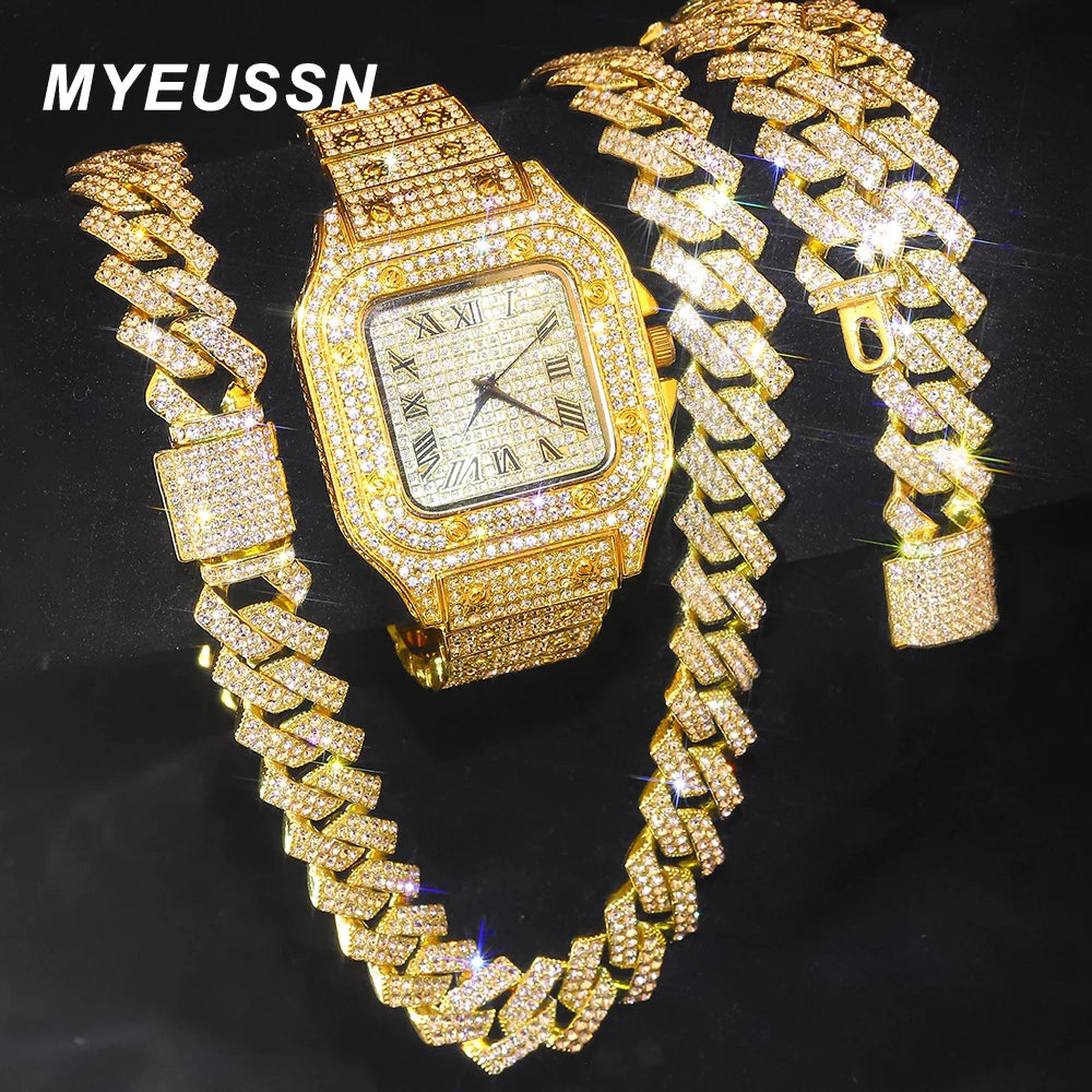 Gold Color Cuban Chain Watch for Men - Hip Hop Miami Curb, Iced Out Rhinestones, Bling Rapper Necklace, Watch & Bracelet Jewelry