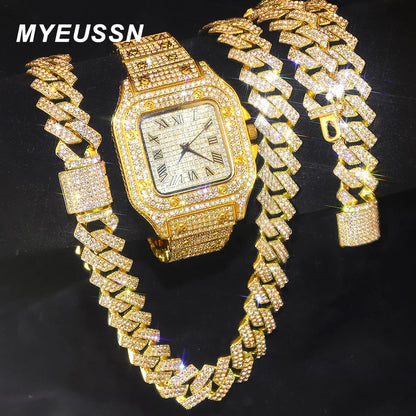Gold Color Cuban Chain Watch for Men - Hip Hop Miami Curb, Iced Out Rhinestones, Bling Rapper Necklace, Watch & Bracelet Jewelry