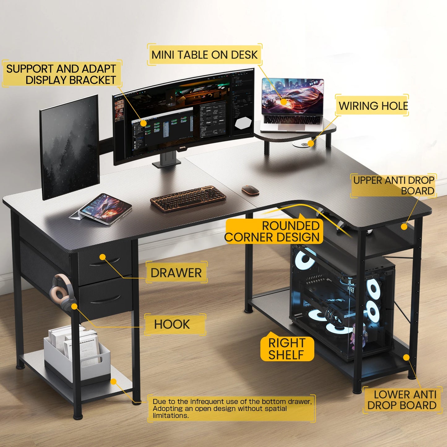 L-Shaped Gaming Desk with Drawers – Carbon Fiber Computer Desk with Monitor Arm for Home Office