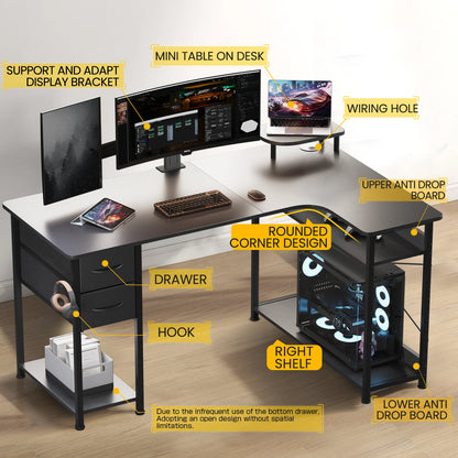 L-Shaped Gaming Desk with Drawers – Carbon Fiber Computer Desk with Monitor Arm for Home Office