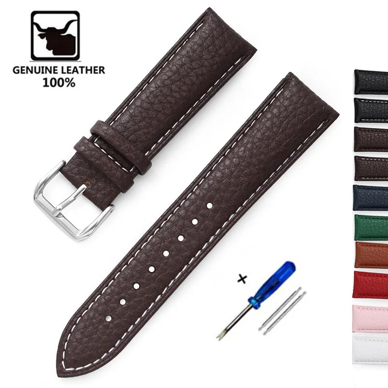 Genuine Calfskin Leather Watch Strap – Men's & Women's Band Accessories, 12mm-22mm, Green, Blue, Red