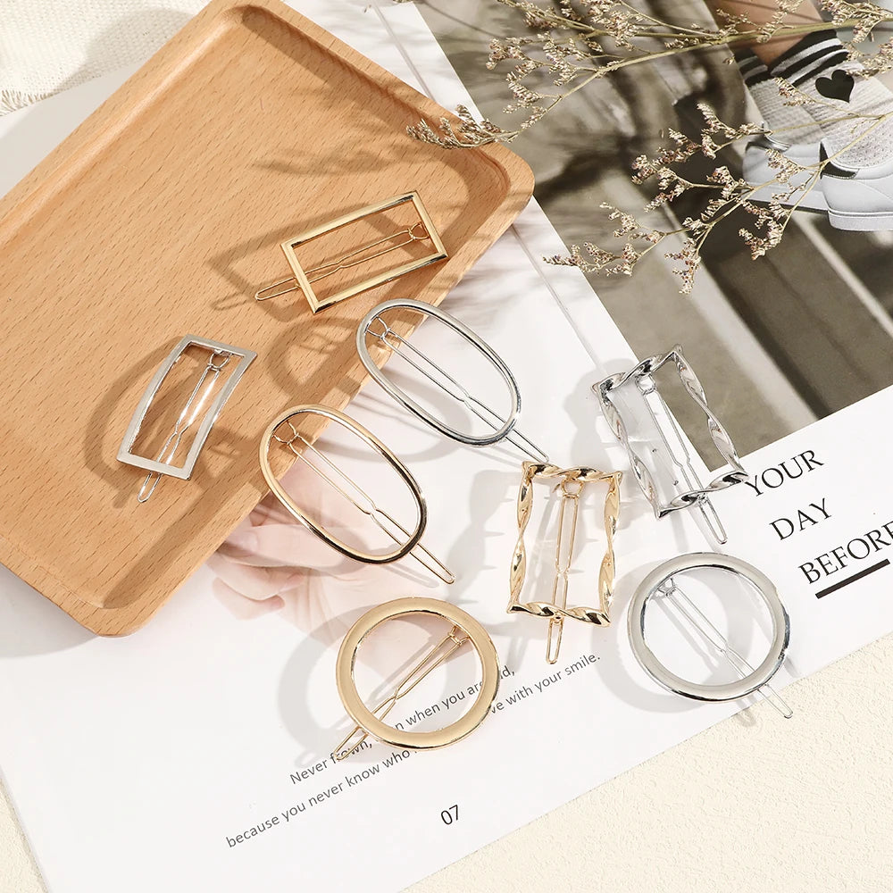 Geometry Hair Clips: Gold & Silver Metal Circle Barrettes with Korean Crystal Pear Accents - Stylish Hair Grips for Women and Girls