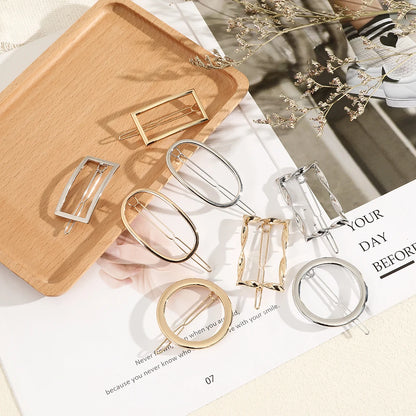 Geometry Hair Clips: Gold & Silver Metal Circle Barrettes with Korean Crystal Pear Accents - Stylish Hair Grips for Women and Girls