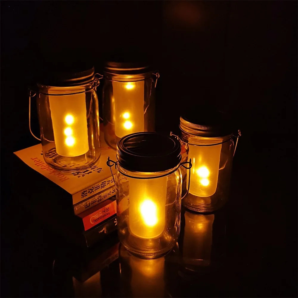 Solar LED Mason Jar Lights – Warm Torch Flame Lantern for Outdoor & Indoor Christmas, Garden, and Street Decoration