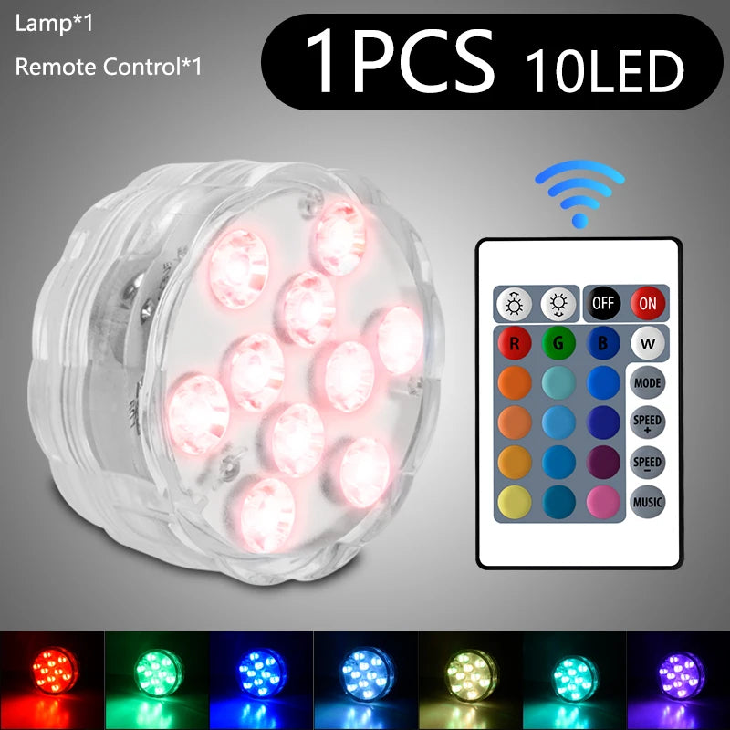10 LED RGB Underwater Pool Light – Remote Control, Battery Operated, Waterproof Dive Lamp for Aquarium, Vase, and Fish Tank