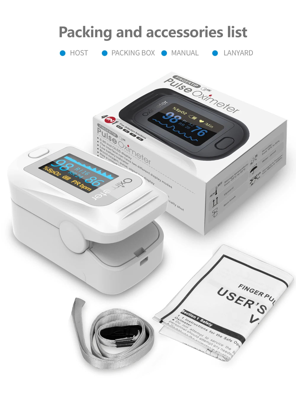 KIUZOU Finger Pulse Oximeter – SPO2, PR, PI, RR Blood Oxygen Monitor with OLED Display