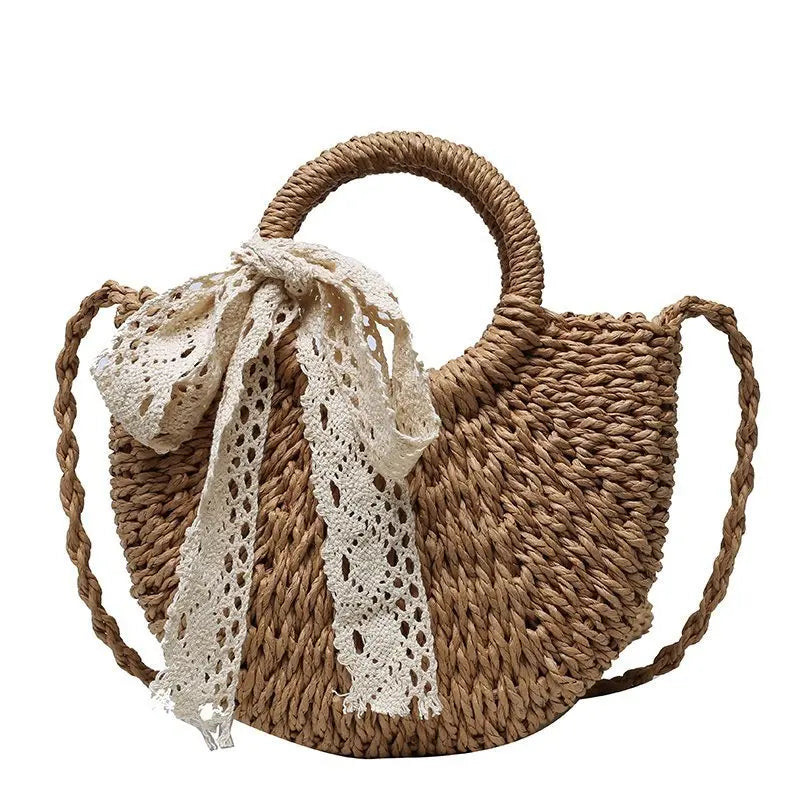 Yogodlns Handmade Half-Round Rattan Straw Bag – Summer Women’s Small Beach Messenger Crossbody Handbag