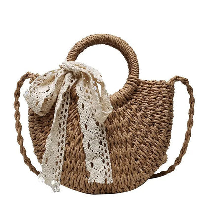 Yogodlns Handmade Half-Round Rattan Straw Bag – Summer Women’s Small Beach Messenger Crossbody Handbag