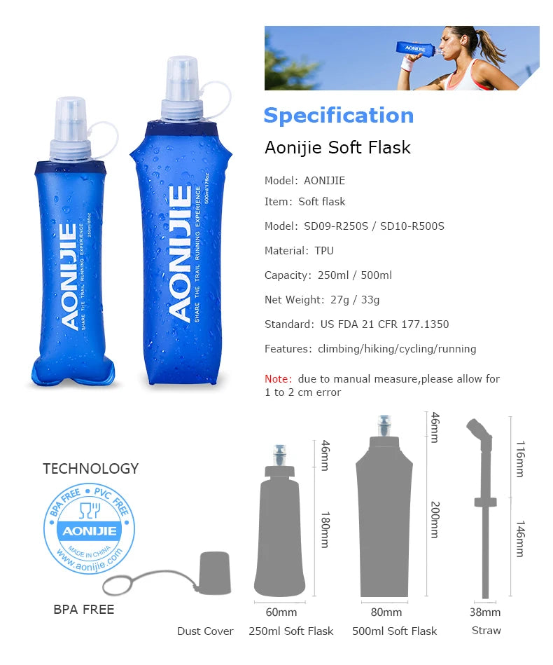 AONIJIE Soft Flask Water Bottle — 250ml/500ml Folding, Collapsible, TPU BPA-Free for Running Hydration Packs, Waist Bags & Vests (SD09/SD10)