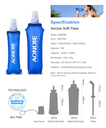 AONIJIE Soft Flask Water Bottle — 250ml/500ml Folding, Collapsible, TPU BPA-Free for Running Hydration Packs, Waist Bags & Vests (SD09/SD10)