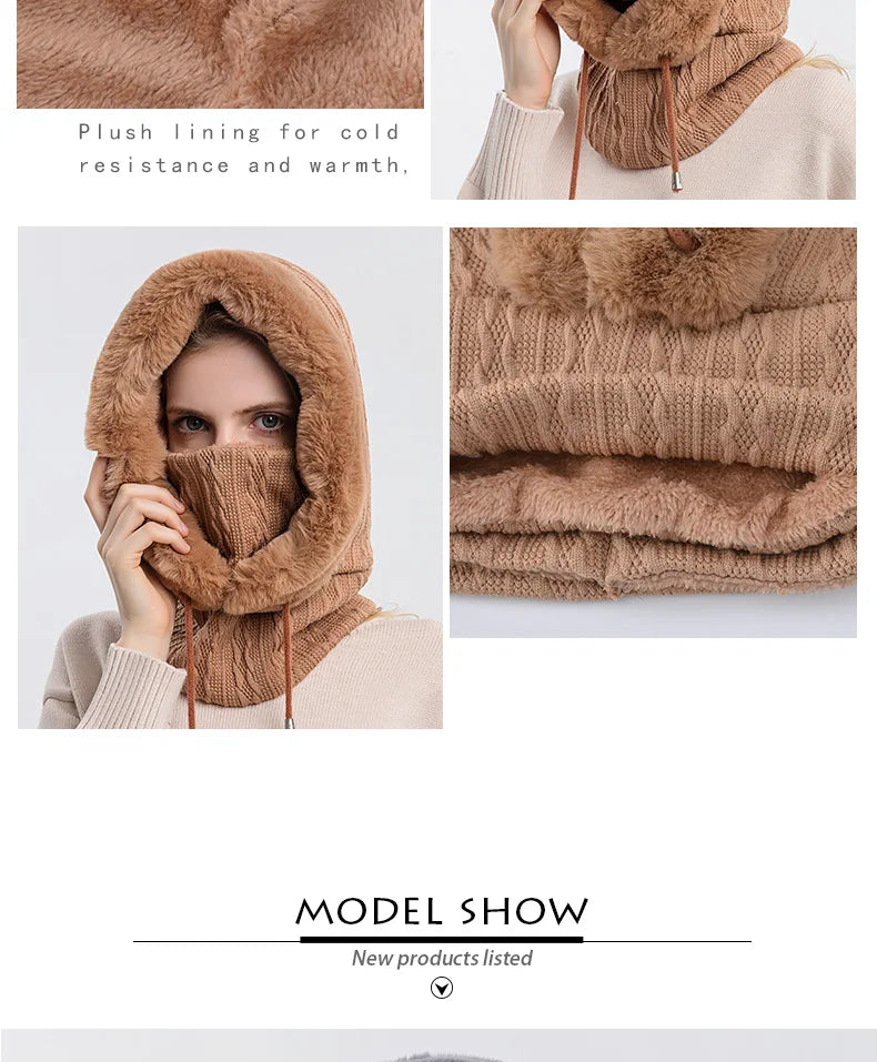 Winter Fur Cap Mask Set – Hooded Knitted Cashmere Neck Warmer, Plush Windproof Balaclava Ski Beanie for Women