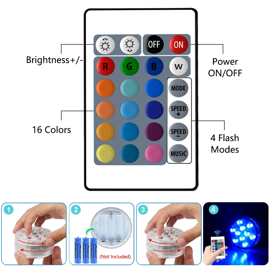 10 LED RGB Underwater Pool Light – Remote Control, Battery Operated, Waterproof Dive Lamp for Aquarium, Vase, and Fish Tank