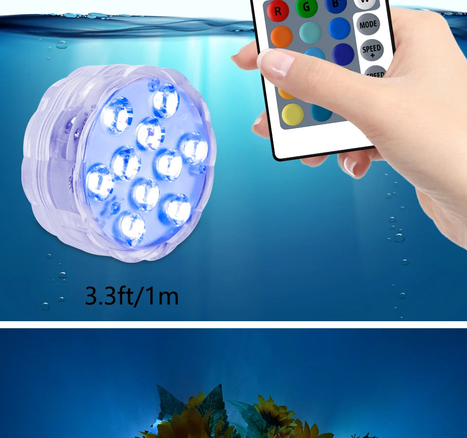 10 LED RGB Underwater Pool Light – Remote Control, Battery Operated, Waterproof Dive Lamp for Aquarium, Vase, and Fish Tank