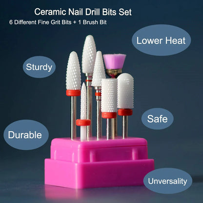 7PCS Ceramic Nail Drill Bit Set – Manicure Tools for Gel Polish, Cuticle Care with Holder