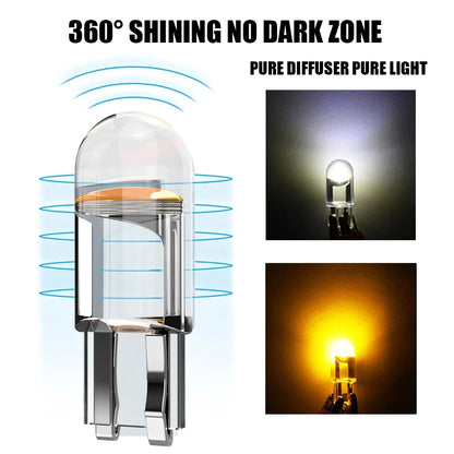 2PCS W5W LED T10 Car Light – COB Glass 6000K White License Plate Lamp, Dome, Reading, DRL Bulb Style, 12V