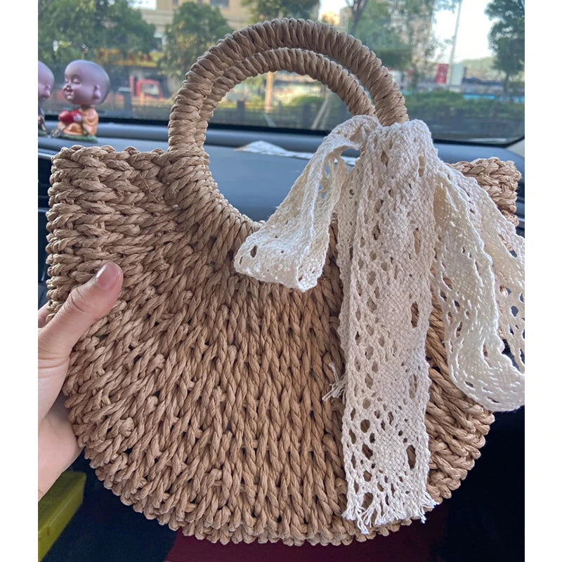 Yogodlns Handmade Half-Round Rattan Straw Bag – Summer Women’s Small Beach Messenger Crossbody Handbag