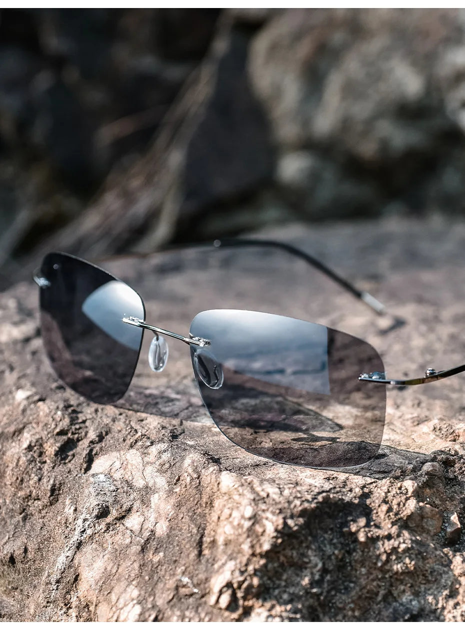 CAPONI Square Photochromic Polarized Sunglasses for Men - Rimless, Classic Design, UV400 Protection Eyewear (BS7467)