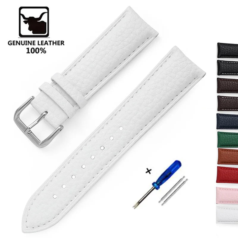 Genuine Calfskin Leather Watch Strap – Men's & Women's Band Accessories, 12mm-22mm, Green, Blue, Red