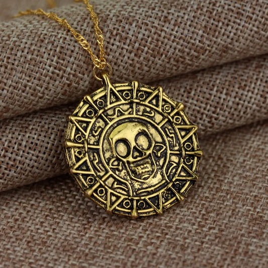 Caribbean Pirates Aztec Gold Coin Necklace – Retro Skull Pendant, Punk Hip Hop Movie Accessory