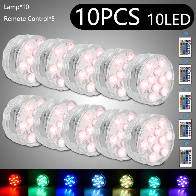 10 LED RGB Underwater Pool Light – Remote Control, Battery Operated, Waterproof Dive Lamp for Aquarium, Vase, and Fish Tank