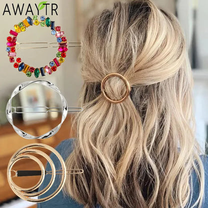 Geometry Hair Clips: Gold & Silver Metal Circle Barrettes with Korean Crystal Pear Accents - Stylish Hair Grips for Women and Girls