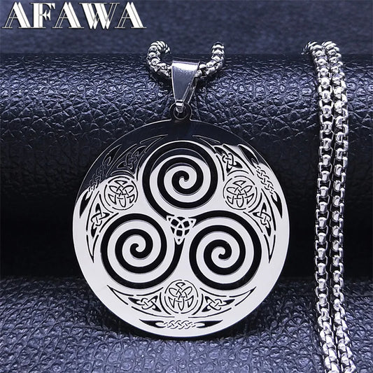 Stainless Steel Witchcraft Vortex Necklace – Viking Triskelion Celtic Knot Spiral, Silver Jewelry N7062S02