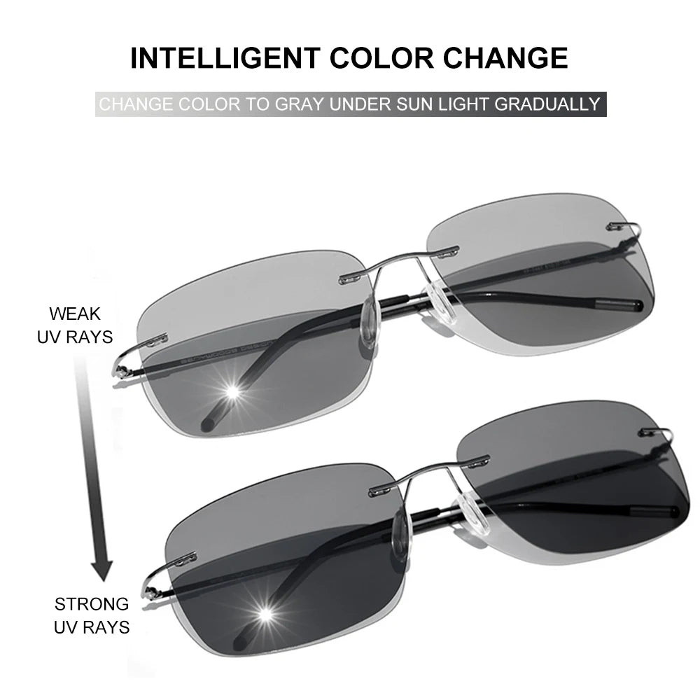 CAPONI Square Photochromic Polarized Sunglasses for Men - Rimless, Classic Design, UV400 Protection Eyewear (BS7467)