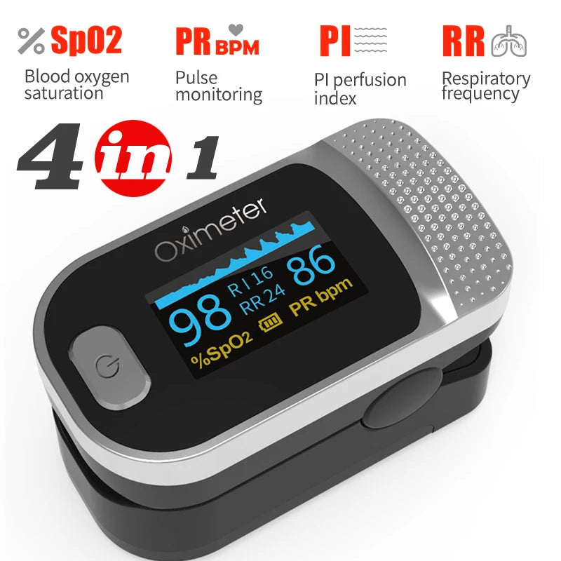 KIUZOU Finger Pulse Oximeter – SPO2, PR, PI, RR Blood Oxygen Monitor with OLED Display