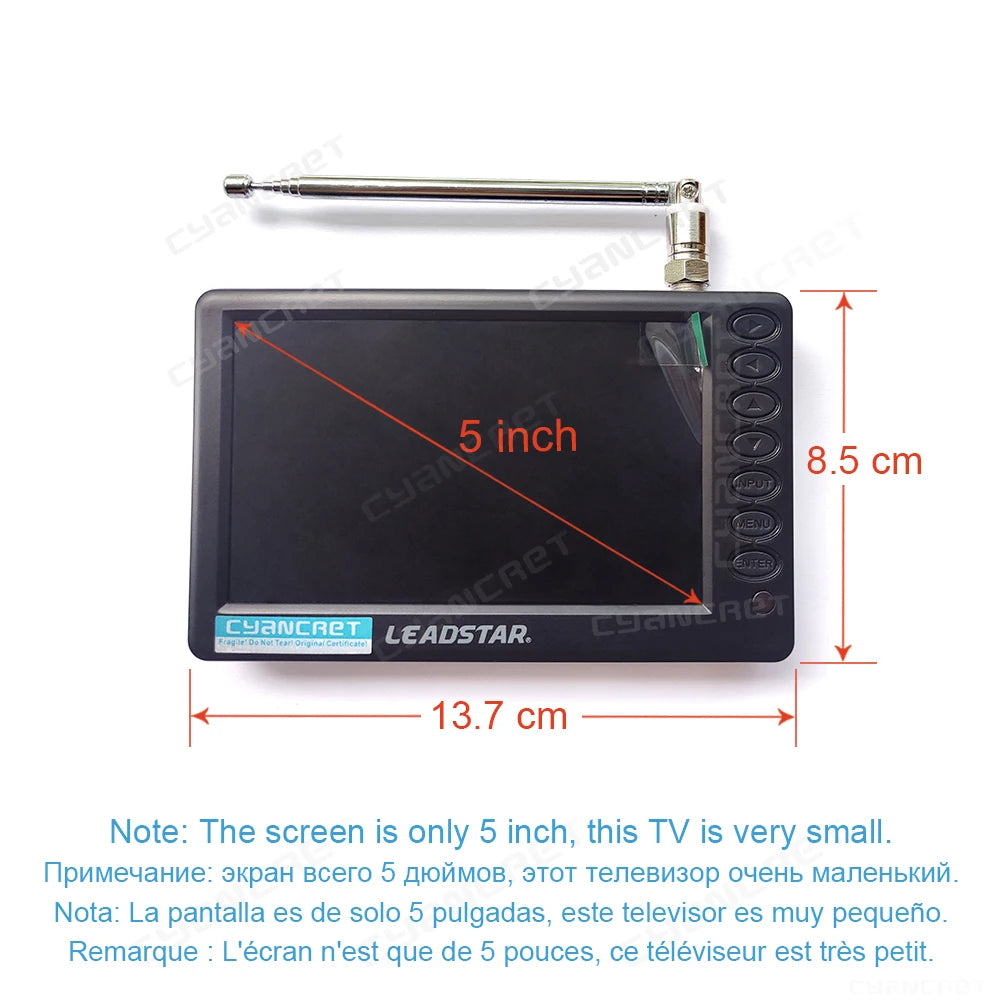 LEADSTAR Pocket TV D5 5 Inch | DVB-T2 ATSC ISDB-T TDT Digital & Analog Mini Car Television | Portable TV with USB TF AC3 Support