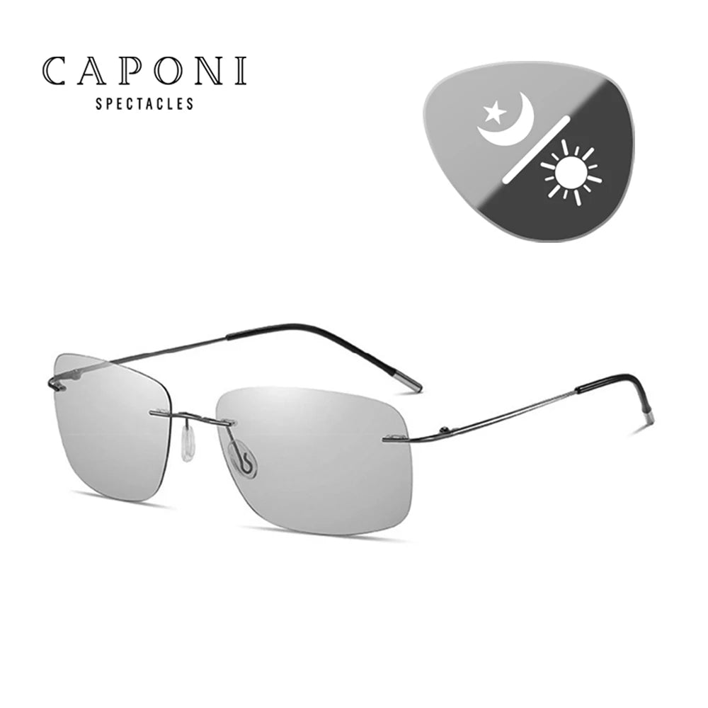 CAPONI Square Photochromic Polarized Sunglasses for Men - Rimless, Classic Design, UV400 Protection Eyewear (BS7467)