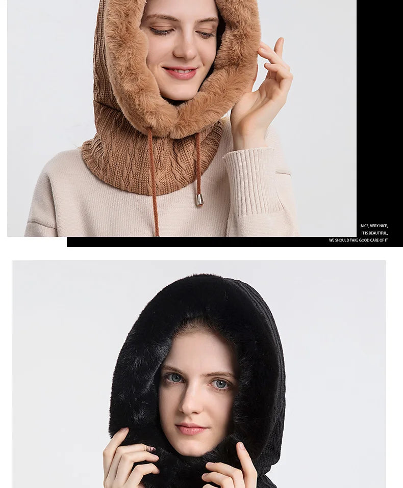 Winter Fur Cap Mask Set – Hooded Knitted Cashmere Neck Warmer, Plush Windproof Balaclava Ski Beanie for Women