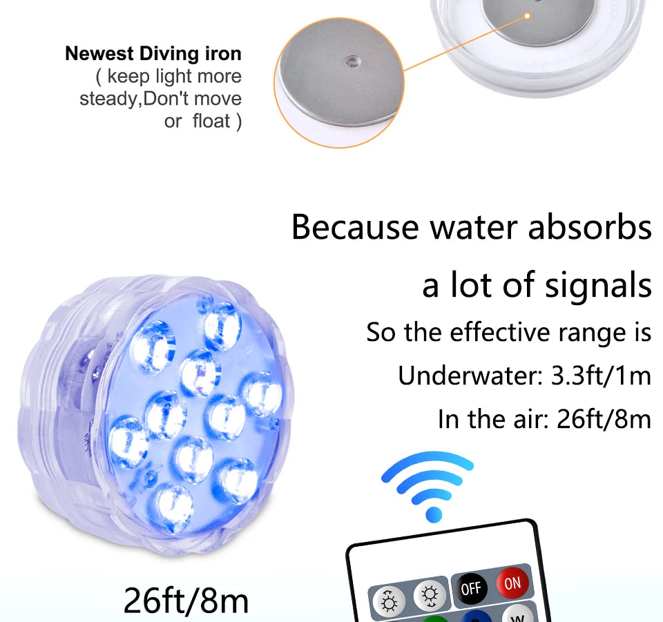 10 LED RGB Underwater Pool Light – Remote Control, Battery Operated, Waterproof Dive Lamp for Aquarium, Vase, and Fish Tank