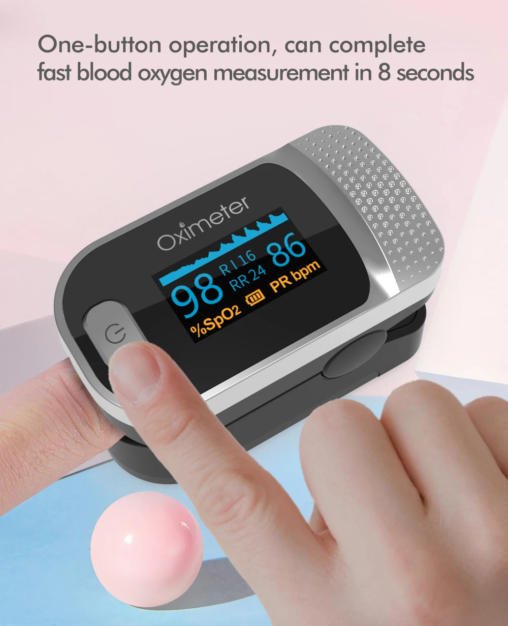 KIUZOU Finger Pulse Oximeter – SPO2, PR, PI, RR Blood Oxygen Monitor with OLED Display