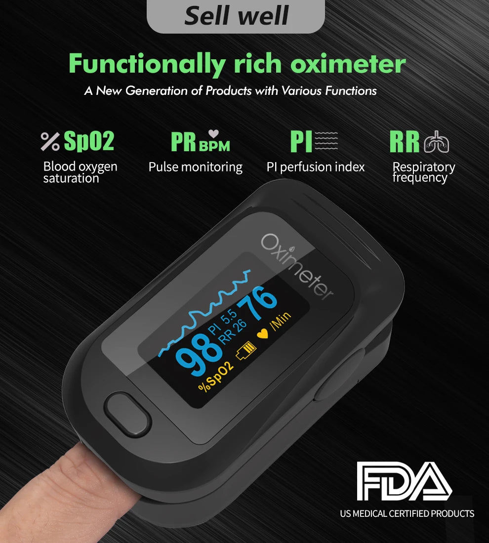 KIUZOU Finger Pulse Oximeter – SPO2, PR, PI, RR Blood Oxygen Monitor with OLED Display