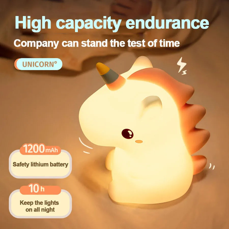 Unicorn Silicone LED Night Light: Cute Cartoon Animal Bedroom Decor - USB Rechargeable Touch Lamp for Kids, Perfect Gift