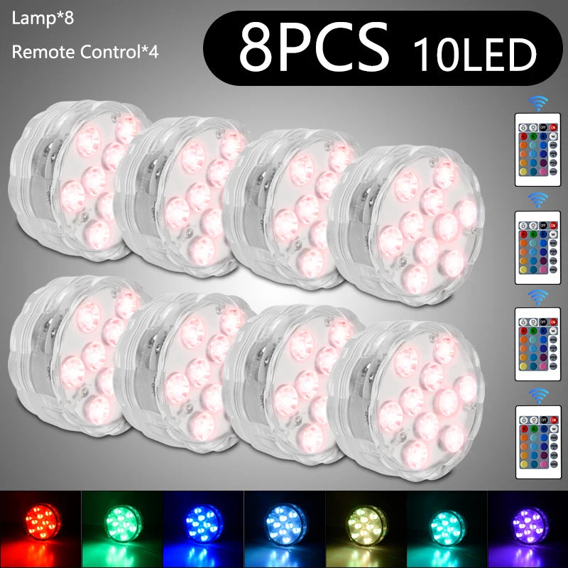 10 LED RGB Underwater Pool Light – Remote Control, Battery Operated, Waterproof Dive Lamp for Aquarium, Vase, and Fish Tank