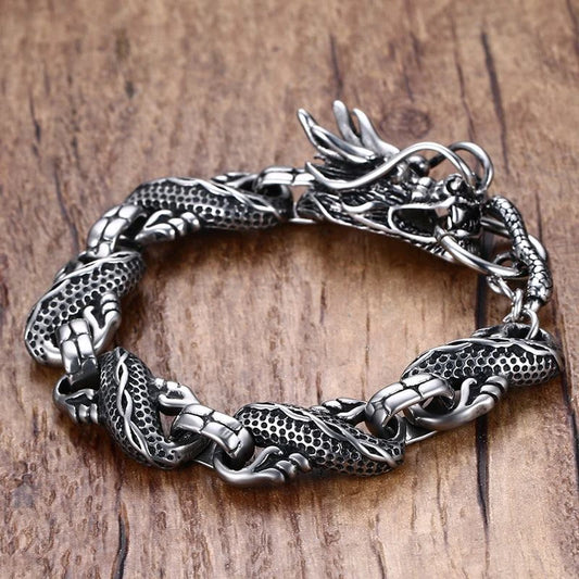 Ethnic Wind Dragon Bracelet – Vintage Silver Plated Cuff Bangle, Motorcycle Riding Charm Jewelry Gift for Men