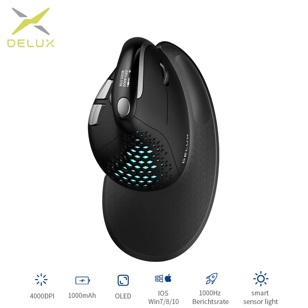 Delux M618XSD Seeker Ergonomic Vertical Mouse – OLED Screen, 4000DPI, Rechargeable 1000mA, Removable Back Cover