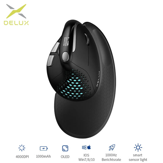 Delux M618XSD Seeker Ergonomic Vertical Mouse – OLED Screen, 4000DPI, Rechargeable 1000mA, Removable Back Cover
