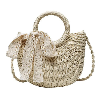 Yogodlns Handmade Half-Round Rattan Straw Bag – Summer Women’s Small Beach Messenger Crossbody Handbag